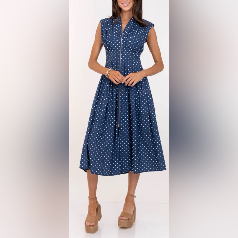 Avara Collins Dress - Navy Polka Dot Midi Size Small - NWT